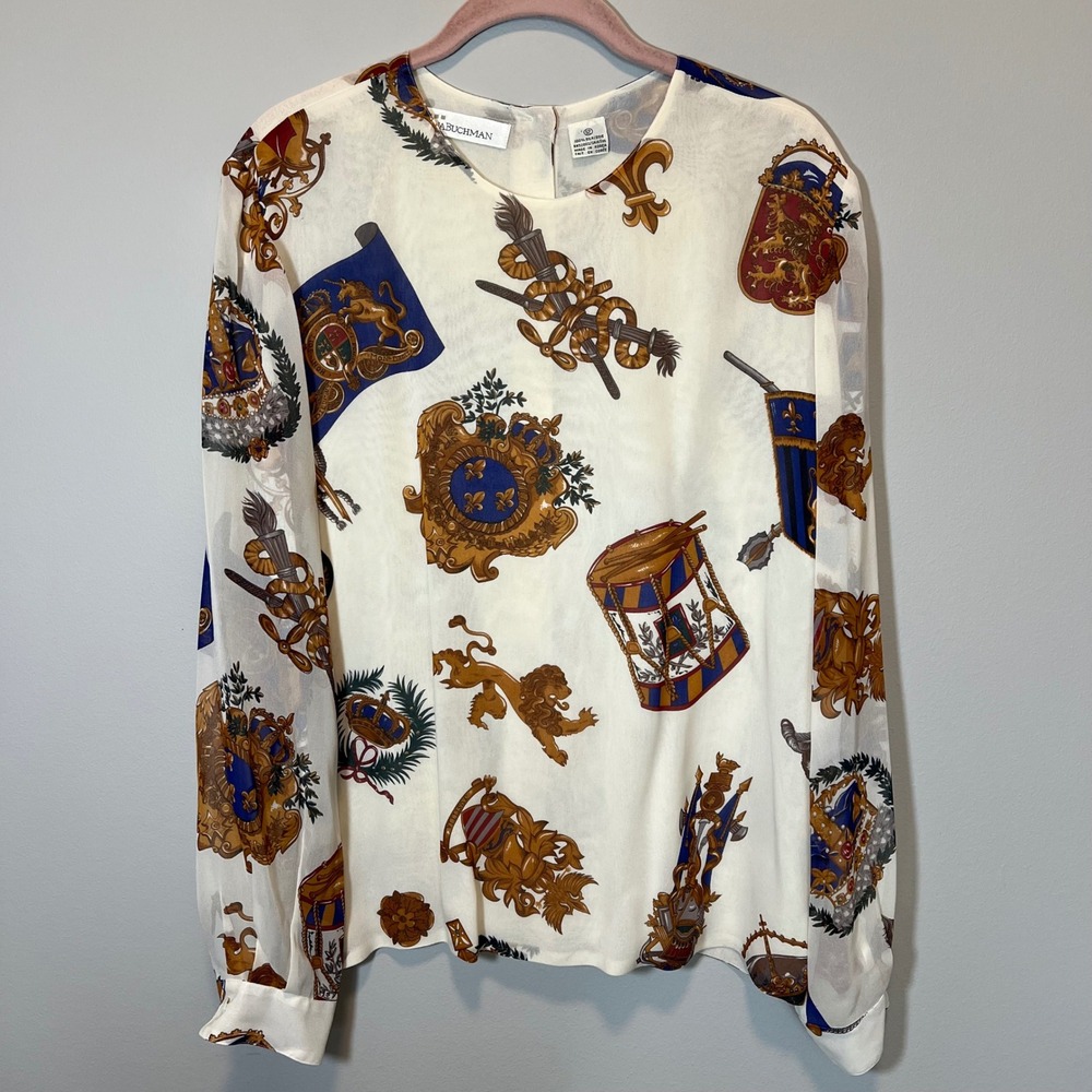 Dana Buchman Vintage Silk Blouse Heraldic Crest Lion Print Button Back Cream 12